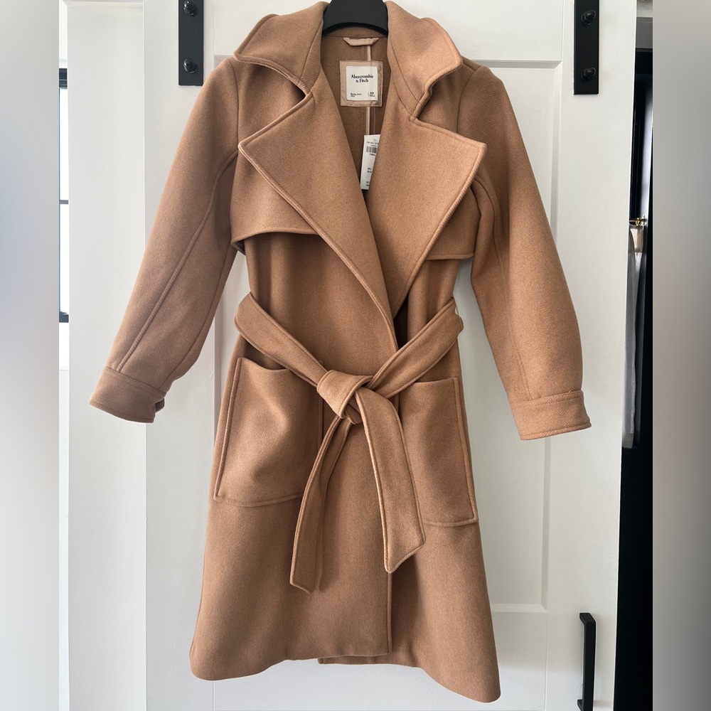 NWT Abercrombie Tan Camel Wool-Blend Wrap Trench Coat XS Petite